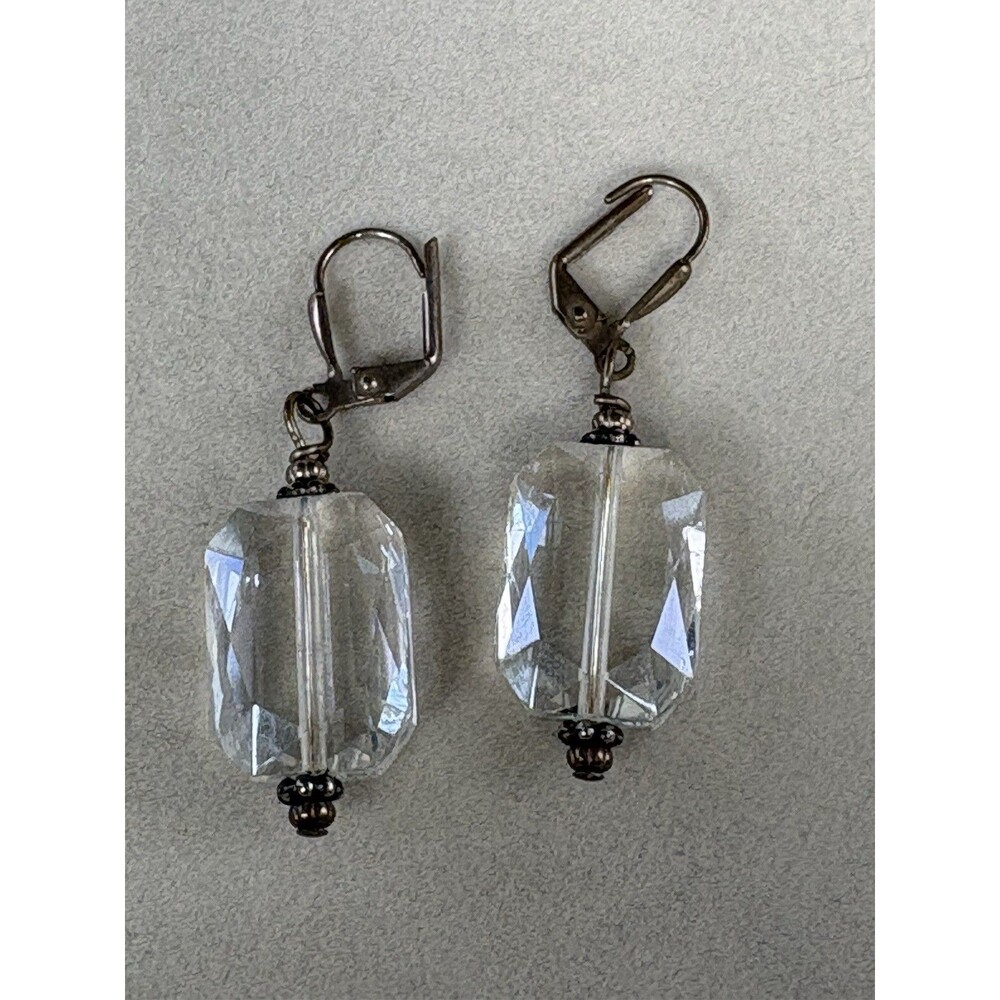 Vintage Faceted Crystal Clear Dangle Earrings Lever Back Metal Caps Pierced